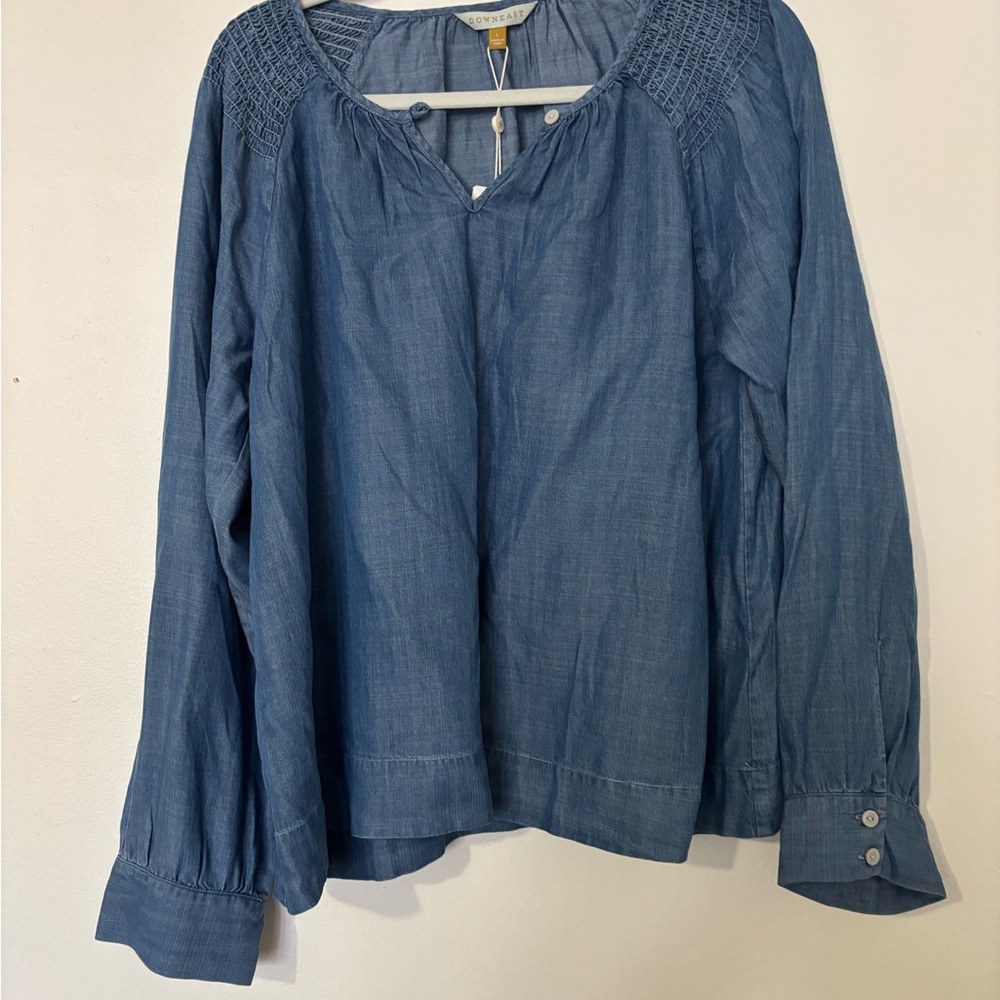DownEast Blue Cuffed Sleeve Relaxed Blouse